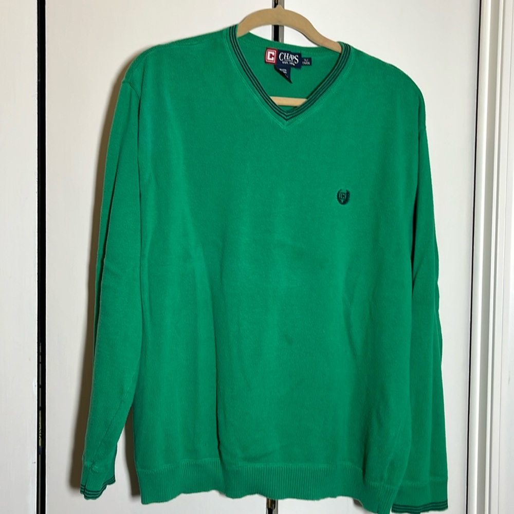 Men’s V-neck green sweater with navy blue striped details. Worn see pictures.